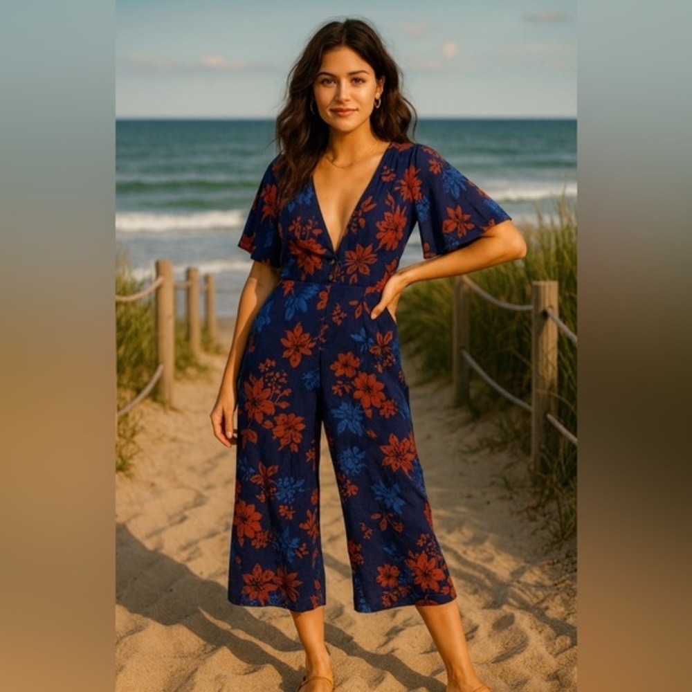 Sage The Label Women's Navy Floral Light of Moon Wide Leg Jumpsuit NWT M #2245